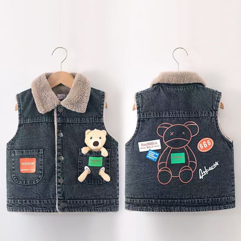 Παιδικό τζιν γιλέκο με μοτίβο καρτούν, ελαφρύ ύφασμα με 80% βαμβάκι, στυλ καρντιγκαν, για άνοιξη και φθινόπωρο