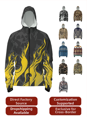 Cămașă de pescuit outdoor cu glugă, fermoar în față, uscare rapidă, croială slim, 100% poliester