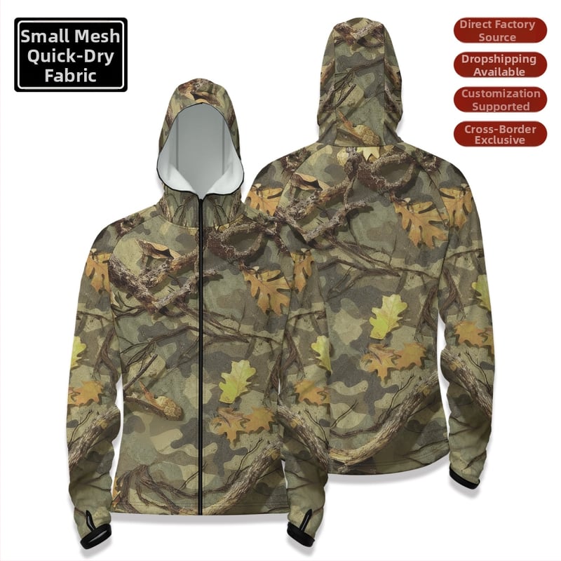 Cămașă de pescuit outdoor cu glugă, fermoar în față, uscare rapidă, croială slim, 100% poliester