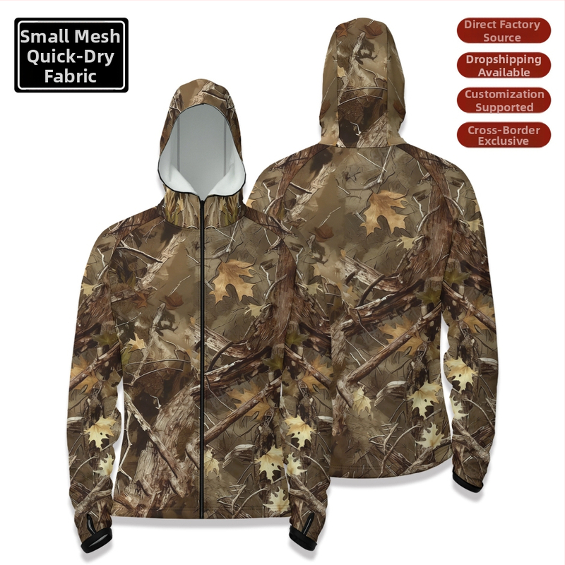 Cămașă de pescuit outdoor cu glugă, fermoar în față, uscare rapidă, croială slim, 100% poliester