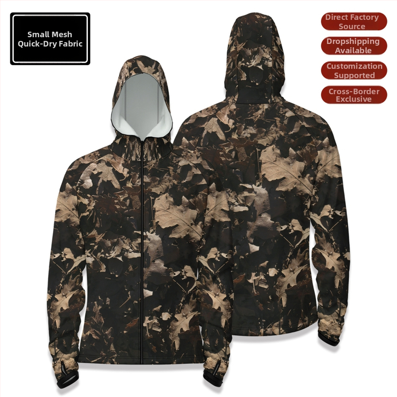 Cămașă de pescuit outdoor cu glugă, fermoar în față, uscare rapidă, croială slim, 100% poliester