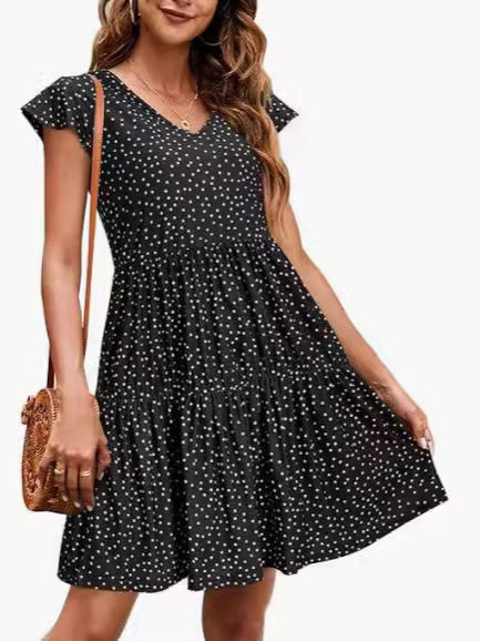 Haljina s V izrezom, točkasti uzorak, midi duljina s rubom od lotosovog lista, kratke rukave, poliester-elastan materijal