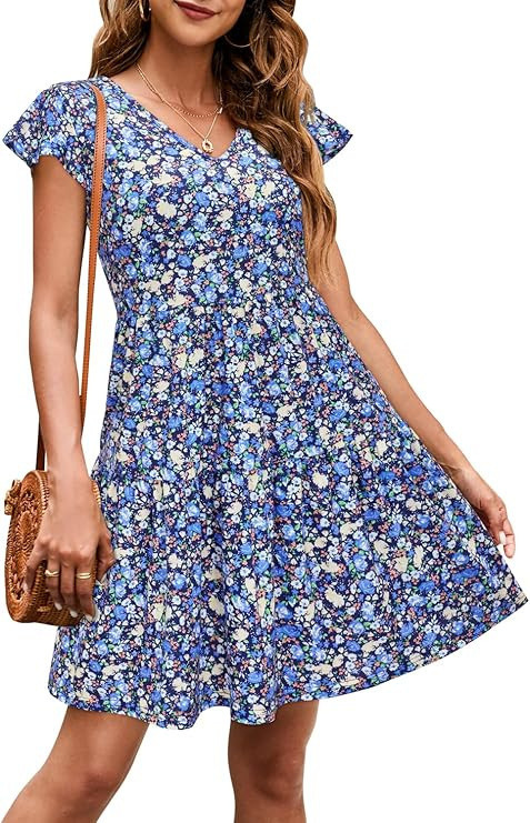 Haljina s V izrezom, točkasti uzorak, midi duljina s rubom od lotosovog lista, kratke rukave, poliester-elastan materijal