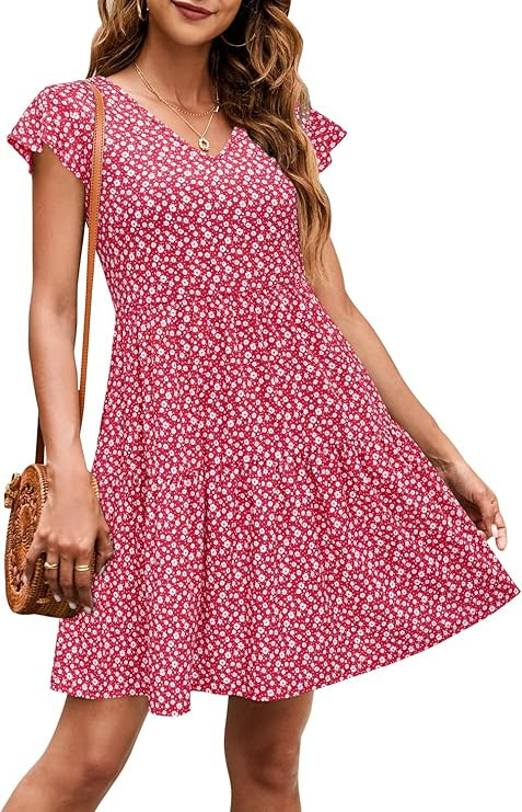 Haljina s V izrezom, točkasti uzorak, midi duljina s rubom od lotosovog lista, kratke rukave, poliester-elastan materijal