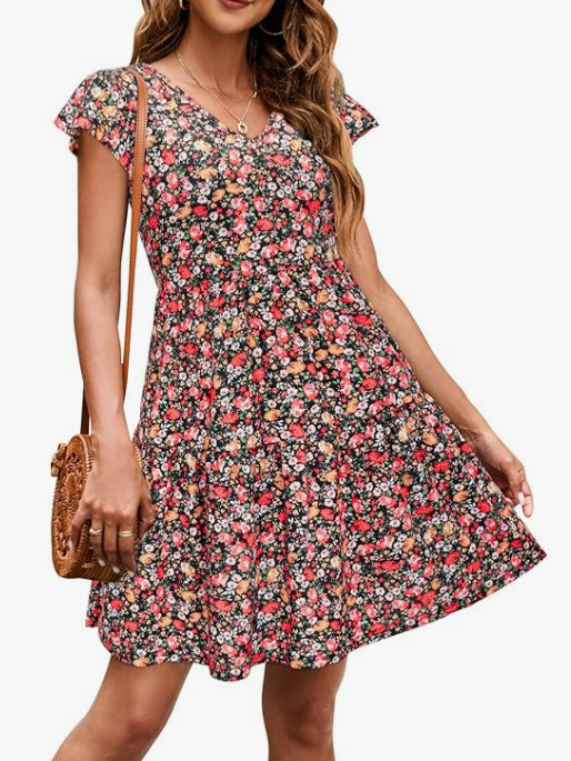 Haljina s V izrezom, točkasti uzorak, midi duljina s rubom od lotosovog lista, kratke rukave, poliester-elastan materijal