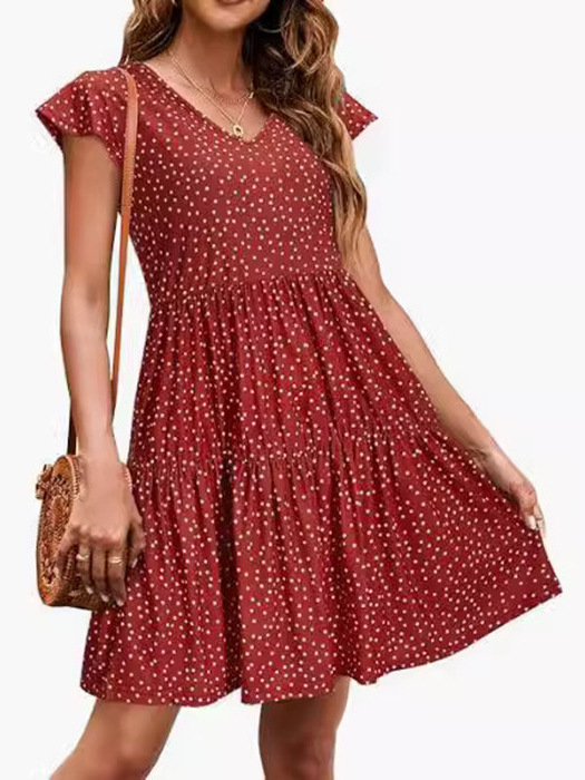Haljina s V izrezom, točkasti uzorak, midi duljina s rubom od lotosovog lista, kratke rukave, poliester-elastan materijal