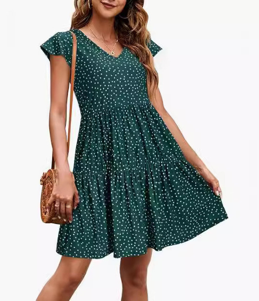 Haljina s V izrezom, točkasti uzorak, midi duljina s rubom od lotosovog lista, kratke rukave, poliester-elastan materijal