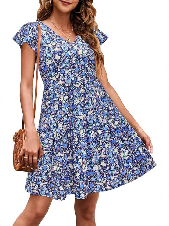 Haljina s V izrezom, točkasti uzorak, midi duljina s rubom od lotosovog lista, kratke rukave, poliester-elastan materijal