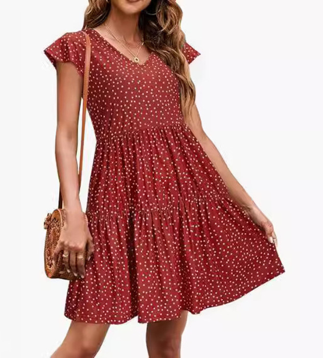 Haljina s V izrezom, točkasti uzorak, midi duljina s rubom od lotosovog lista, kratke rukave, poliester-elastan materijal