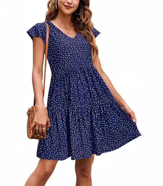 Haljina s V izrezom, točkasti uzorak, midi duljina s rubom od lotosovog lista, kratke rukave, poliester-elastan materijal