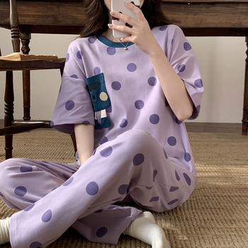 Set de pijamale din bumbac pentru femei, tricou cu guler rotund, mâneci scurte și pantaloni scurți, țesătură subțire de vară, imprimeu cu desene animate