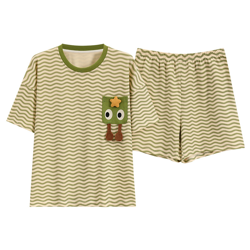 Set de pijamale din bumbac pentru femei, tricou cu guler rotund, mâneci scurte și pantaloni scurți, țesătură subțire de vară, imprimeu cu desene animate