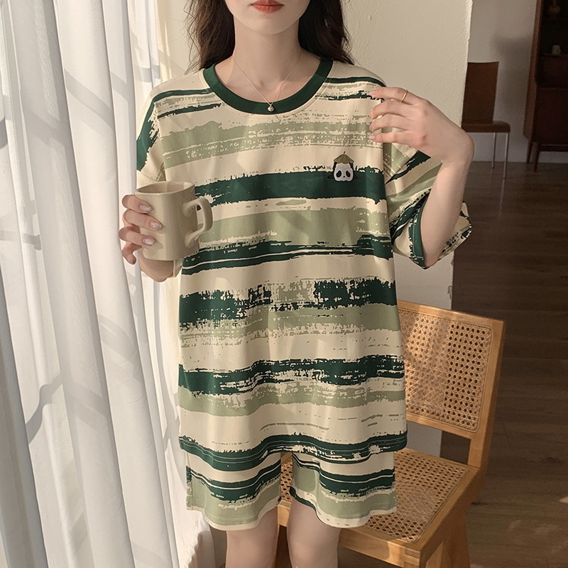 Set de pijamale din bumbac pentru femei, tricou cu guler rotund, mâneci scurte și pantaloni scurți, țesătură subțire de vară, imprimeu cu desene animate