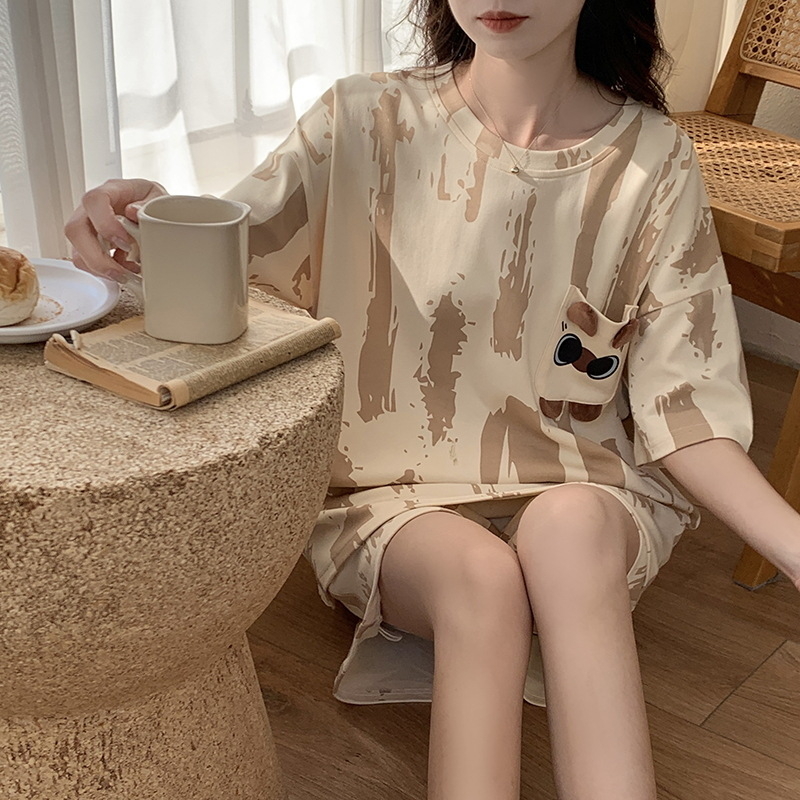 Set de pijamale din bumbac pentru femei, tricou cu guler rotund, mâneci scurte și pantaloni scurți, țesătură subțire de vară, imprimeu cu desene animate