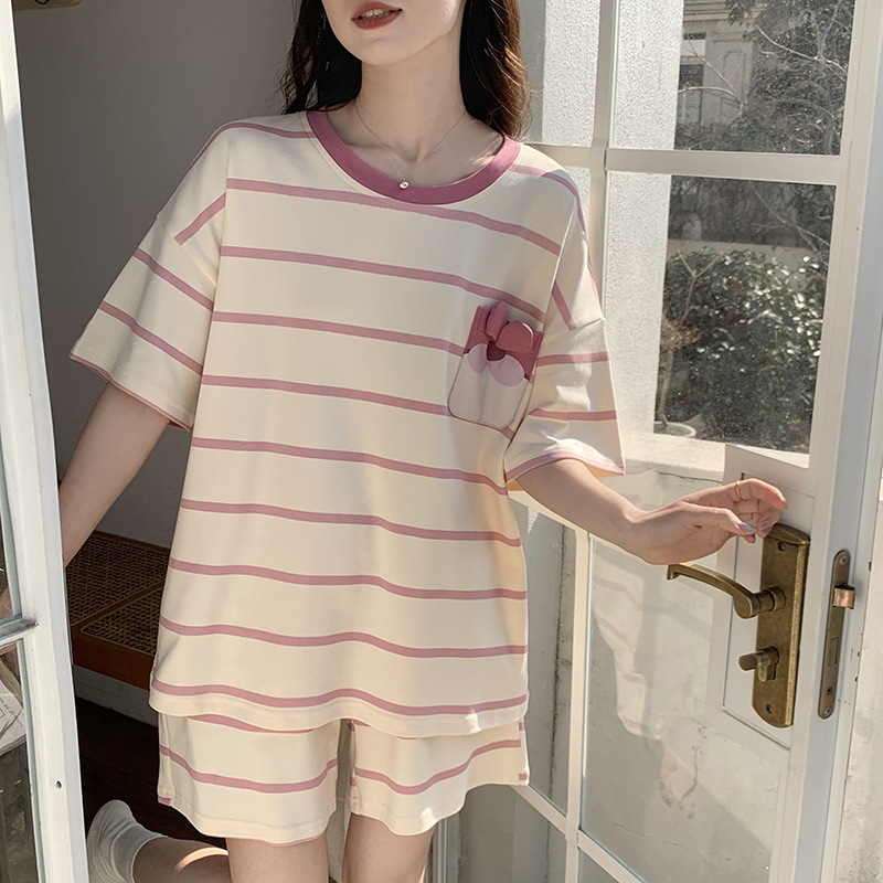 Set de pijamale din bumbac pentru femei, tricou cu guler rotund, mâneci scurte și pantaloni scurți, țesătură subțire de vară, imprimeu cu desene animate