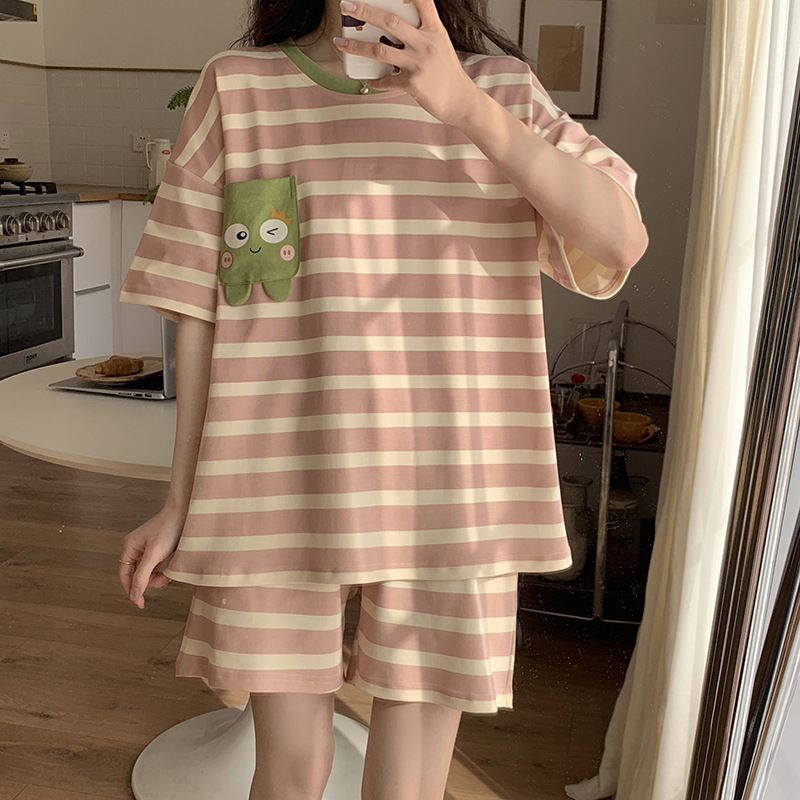 Set de pijamale din bumbac pentru femei, tricou cu guler rotund, mâneci scurte și pantaloni scurți, țesătură subțire de vară, imprimeu cu desene animate