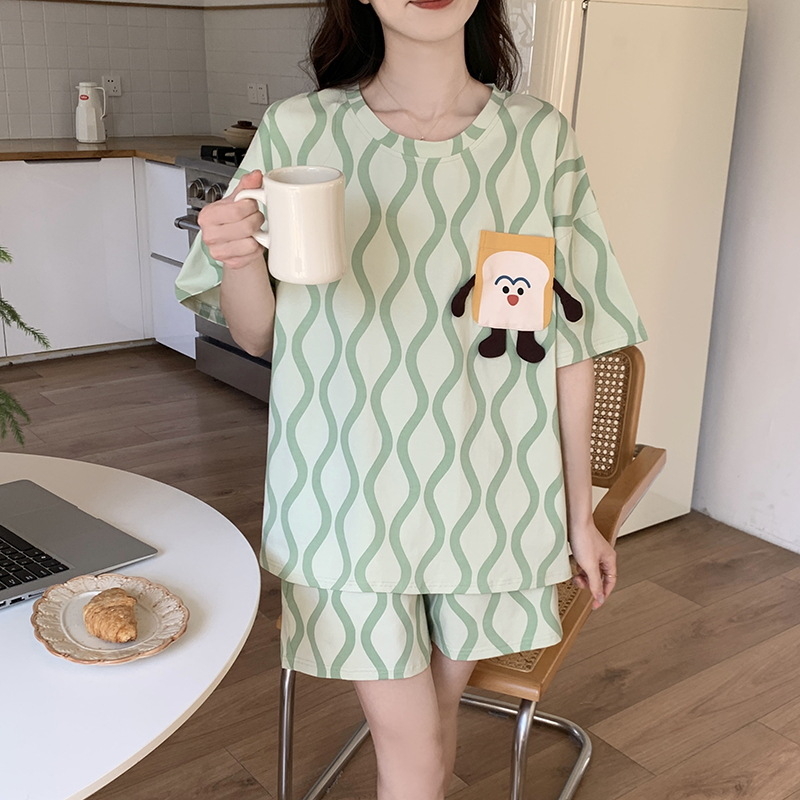 Set de pijamale din bumbac pentru femei, tricou cu guler rotund, mâneci scurte și pantaloni scurți, țesătură subțire de vară, imprimeu cu desene animate