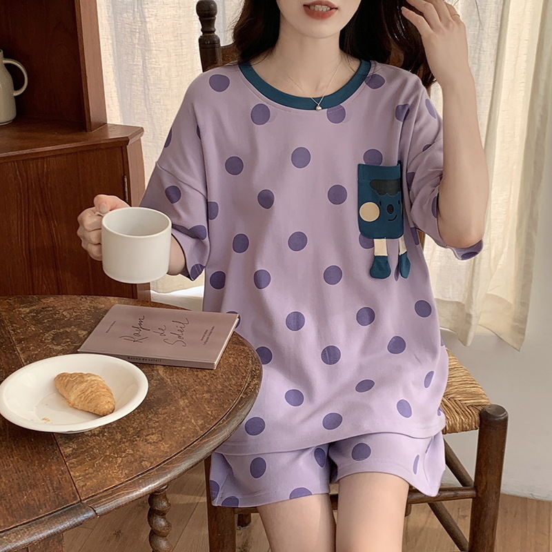 Set de pijamale din bumbac pentru femei, tricou cu guler rotund, mâneci scurte și pantaloni scurți, țesătură subțire de vară, imprimeu cu desene animate