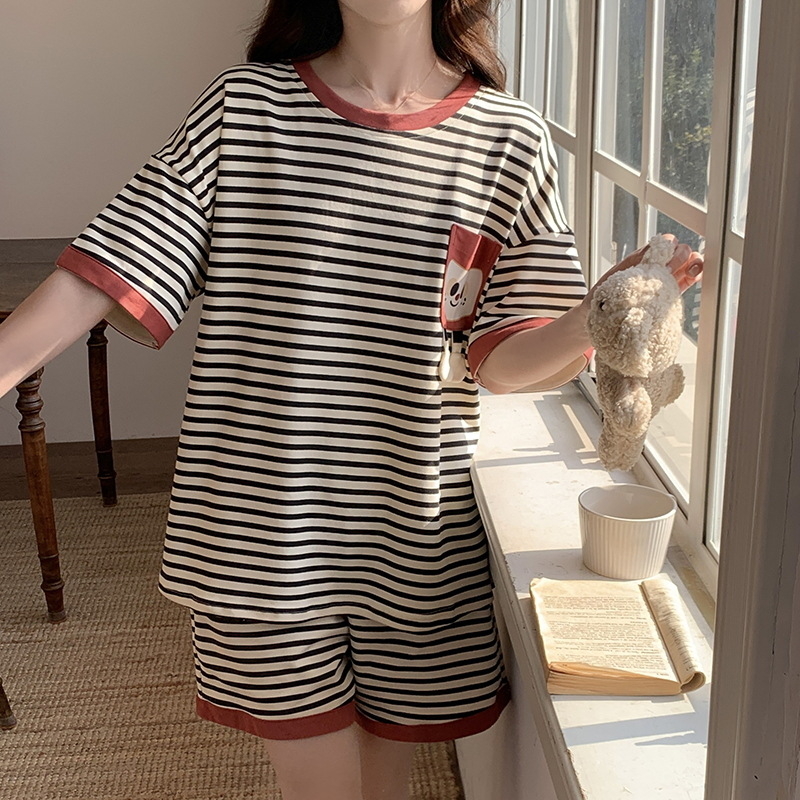 Set de pijamale din bumbac pentru femei, tricou cu guler rotund, mâneci scurte și pantaloni scurți, țesătură subțire de vară, imprimeu cu desene animate