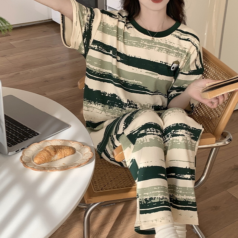 Set de pijamale din bumbac pentru femei, tricou cu guler rotund, mâneci scurte și pantaloni scurți, țesătură subțire de vară, imprimeu cu desene animate