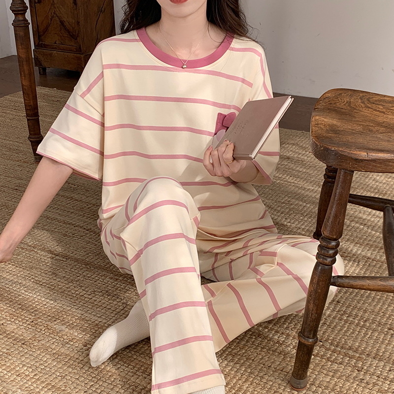 Set de pijamale din bumbac pentru femei, tricou cu guler rotund, mâneci scurte și pantaloni scurți, țesătură subțire de vară, imprimeu cu desene animate