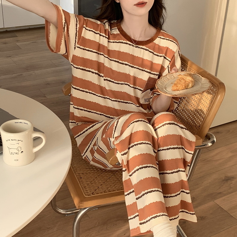 Set de pijamale din bumbac pentru femei, tricou cu guler rotund, mâneci scurte și pantaloni scurți, țesătură subțire de vară, imprimeu cu desene animate