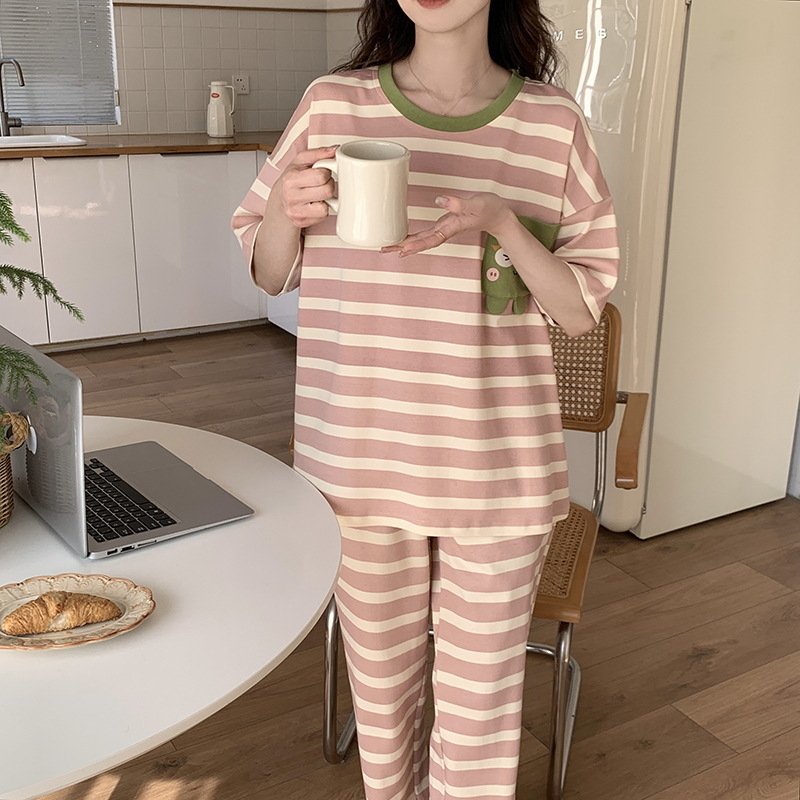 Set de pijamale din bumbac pentru femei, tricou cu guler rotund, mâneci scurte și pantaloni scurți, țesătură subțire de vară, imprimeu cu desene animate