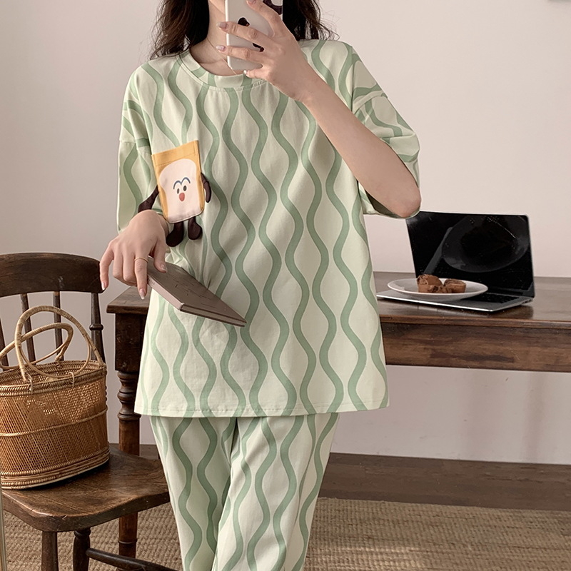 Set de pijamale din bumbac pentru femei, tricou cu guler rotund, mâneci scurte și pantaloni scurți, țesătură subțire de vară, imprimeu cu desene animate