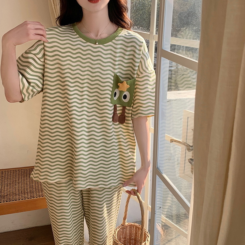 Set de pijamale din bumbac pentru femei, tricou cu guler rotund, mâneci scurte și pantaloni scurți, țesătură subțire de vară, imprimeu cu desene animate