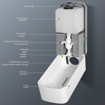 Automata szenzoros habszappan adagoló, falra szerelhető, műanyag, ROHS tanúsítvány, minimalist dizájn