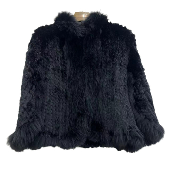 Pletená bunda z kožušiny z králika s golierom z líščej kožušiny, krátky strih, dlhé rukávy