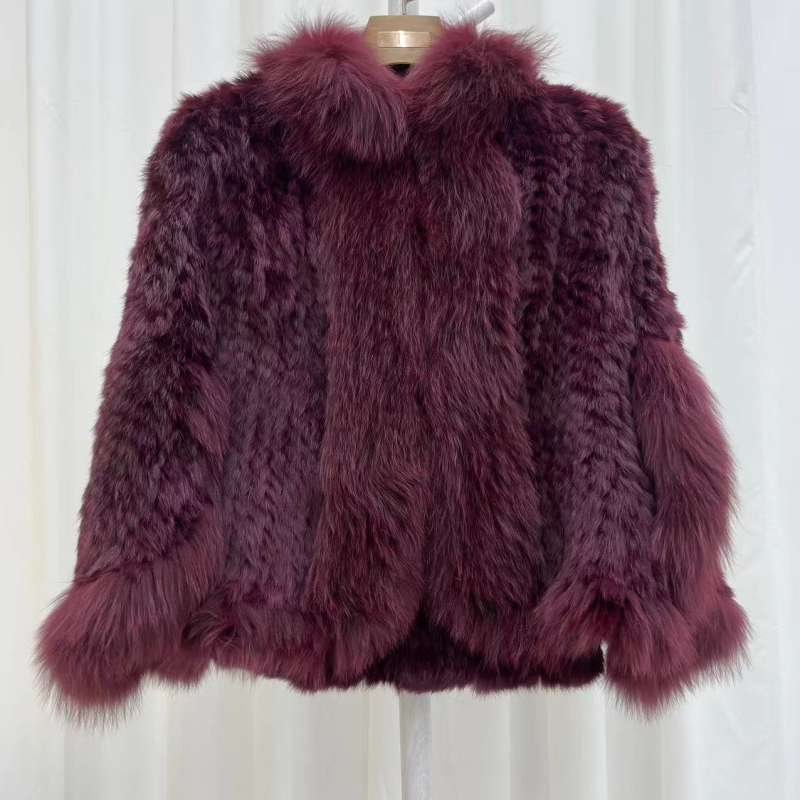 Pletená bunda z kožušiny z králika s golierom z líščej kožušiny, krátky strih, dlhé rukávy