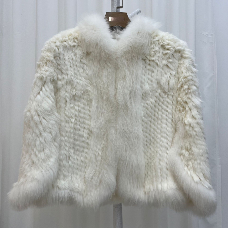 Pletená bunda z kožušiny z králika s golierom z líščej kožušiny, krátky strih, dlhé rukávy