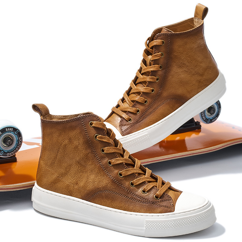 Ανδρικά δερμάτινα sneakers με μεσαίο ύψος, καλοκαιρινά, σε στυλ Κορεάτικο; Άνω μέρος: δέρμα πρώτης κατηγορίας; Σόλα: καουτσούκ; Ύψος: χαμηλό (1-3 cm); Κλείσιμο: κορδόνια; Χαρακτηριστικά: διαπνοή, ανθεκτικότητα, απορρόφηση κραδασμών