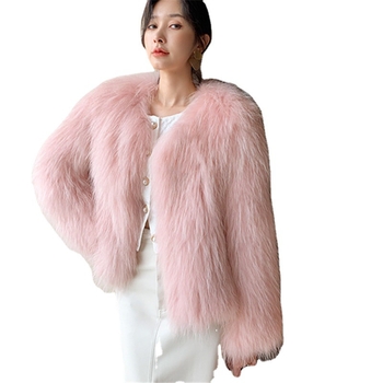 Dámsky krátky kožuch z umelej kožušiny, dlhé rukávy, okrúhly golier, 800 g, mestský dochádzkový štýl