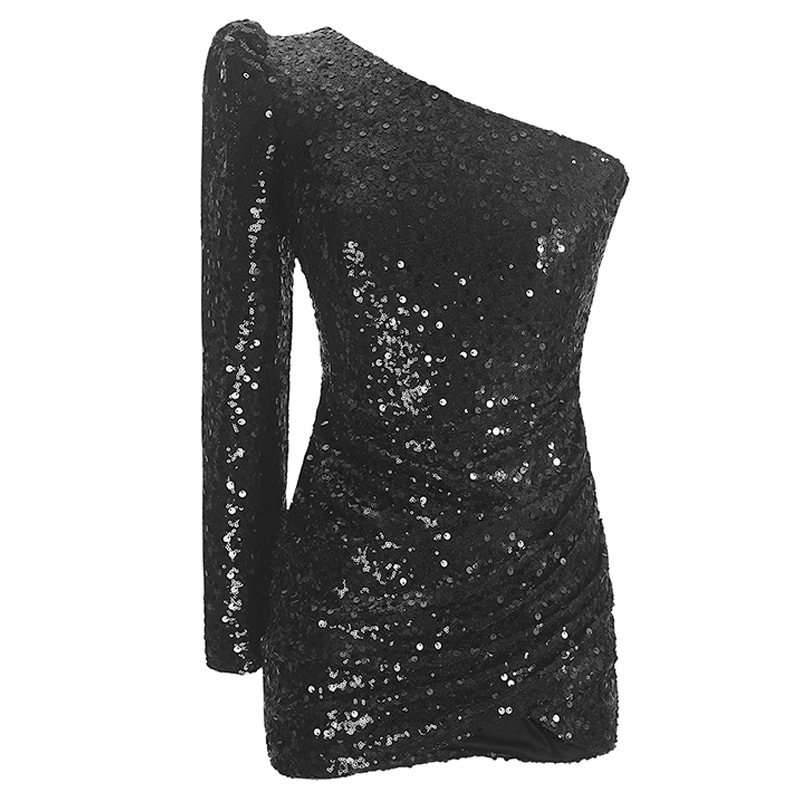 Haljina sa šljokicama, jednostrani, dugi rukav, tijesna silueta (bodycon), visoki struk, A-linija kratka suknja, poliester-elastan