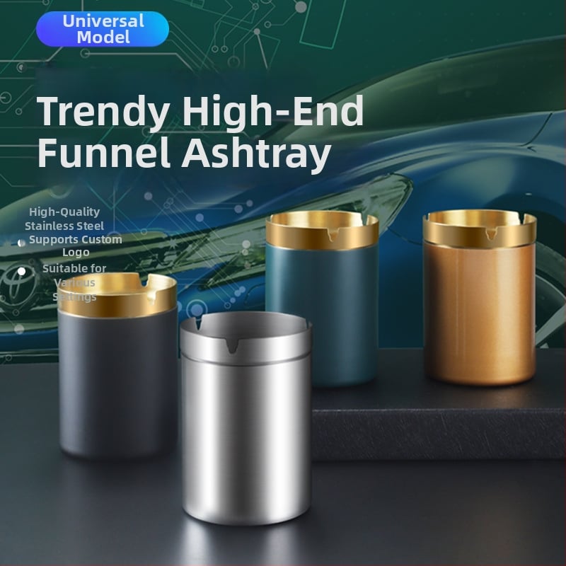 Пепелник с форма на фуния от неръждаема стомана – модерен минималистичен дизайн, за дом, офис или кола; печатано лого; подходящ за подарък