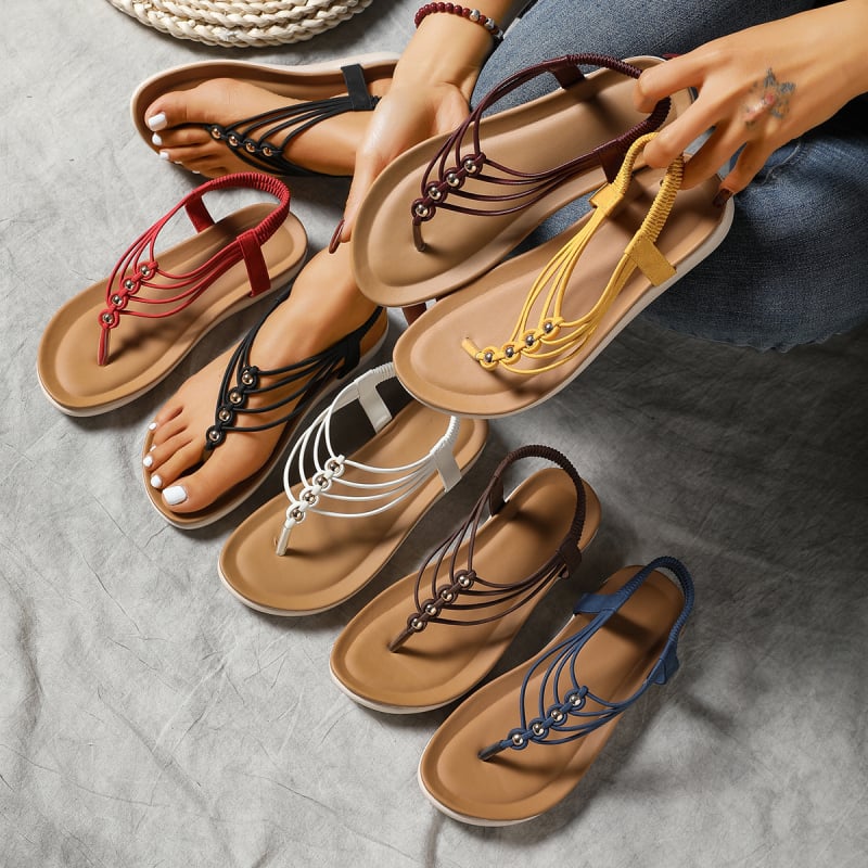 Римски сандали PU горна част и гумена подметка, отворен пръст, клиновиден ток, нисък дизайн, еластична задна лента