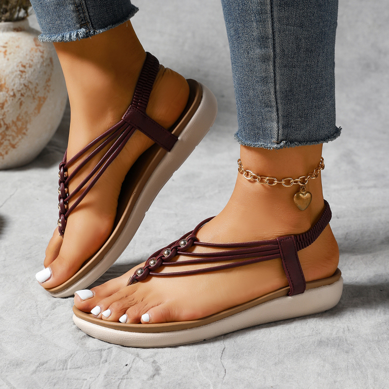 Римски сандали PU горна част и гумена подметка, отворен пръст, клиновиден ток, нисък дизайн, еластична задна лента