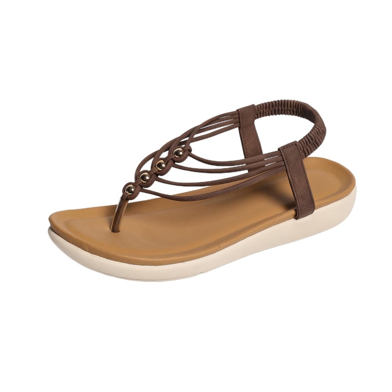 Римски сандали PU горна част и гумена подметка, отворен пръст, клиновиден ток, нисък дизайн, еластична задна лента