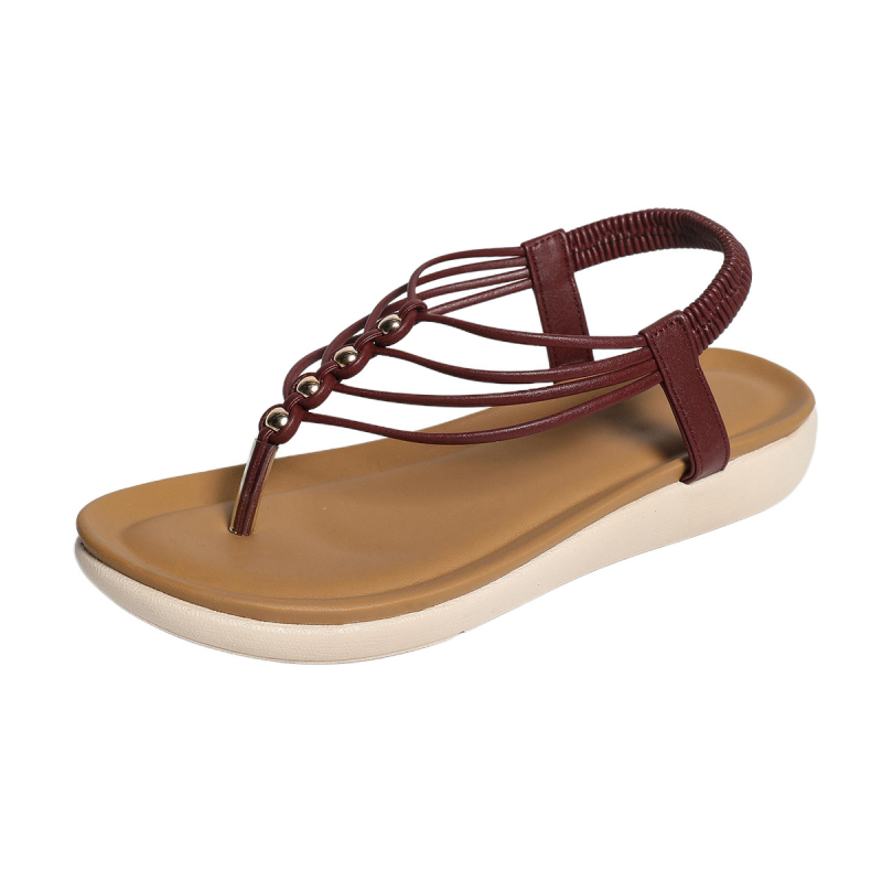 Римски сандали PU горна част и гумена подметка, отворен пръст, клиновиден ток, нисък дизайн, еластична задна лента