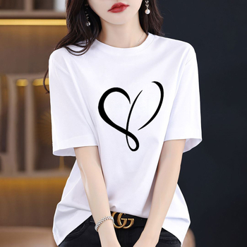 Γυναικείο T‑shirt από βαμβάκι 95%+ με εκτύπωση κειμένου, φαρδιά γραμμή, στρογγυλή λαιμόκοψη, κοντά μανίκια