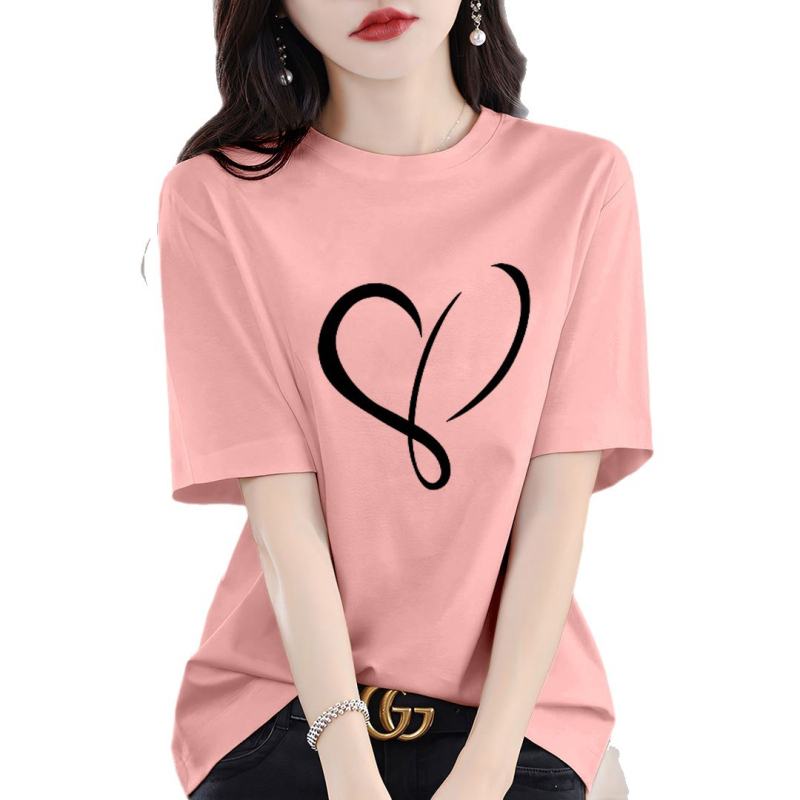 Γυναικείο T‑shirt από βαμβάκι 95%+ με εκτύπωση κειμένου, φαρδιά γραμμή, στρογγυλή λαιμόκοψη, κοντά μανίκια