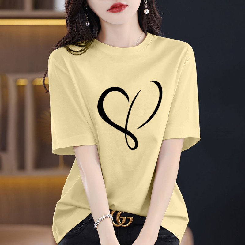 Γυναικείο T‑shirt από βαμβάκι 95%+ με εκτύπωση κειμένου, φαρδιά γραμμή, στρογγυλή λαιμόκοψη, κοντά μανίκια