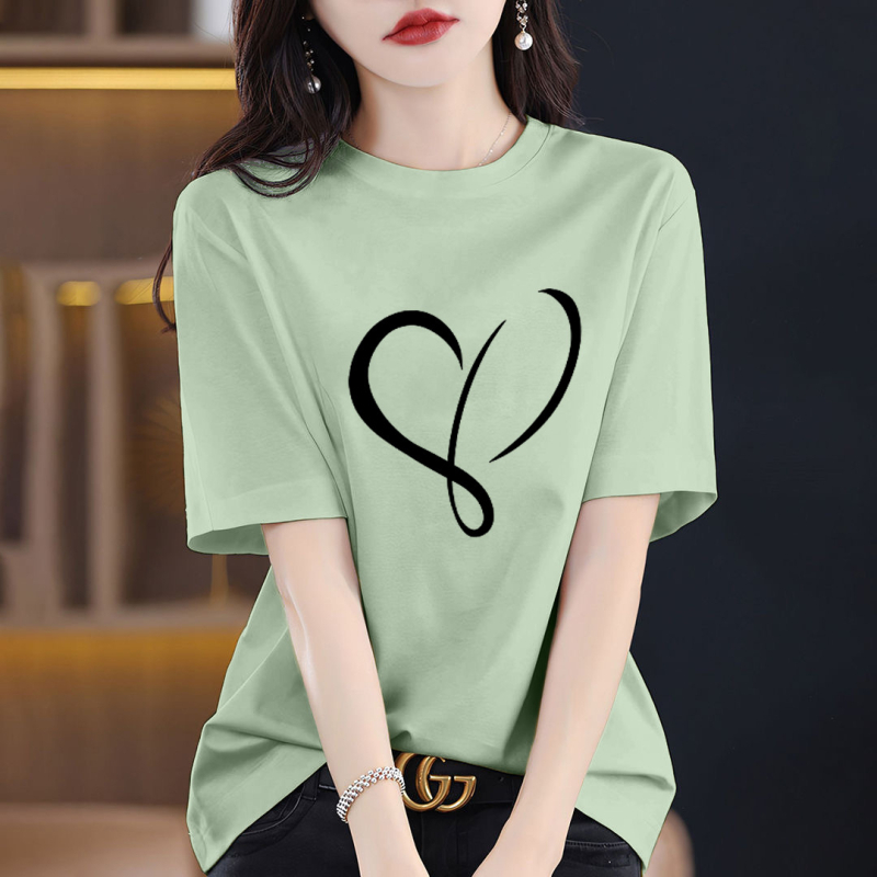 Γυναικείο T‑shirt από βαμβάκι 95%+ με εκτύπωση κειμένου, φαρδιά γραμμή, στρογγυλή λαιμόκοψη, κοντά μανίκια