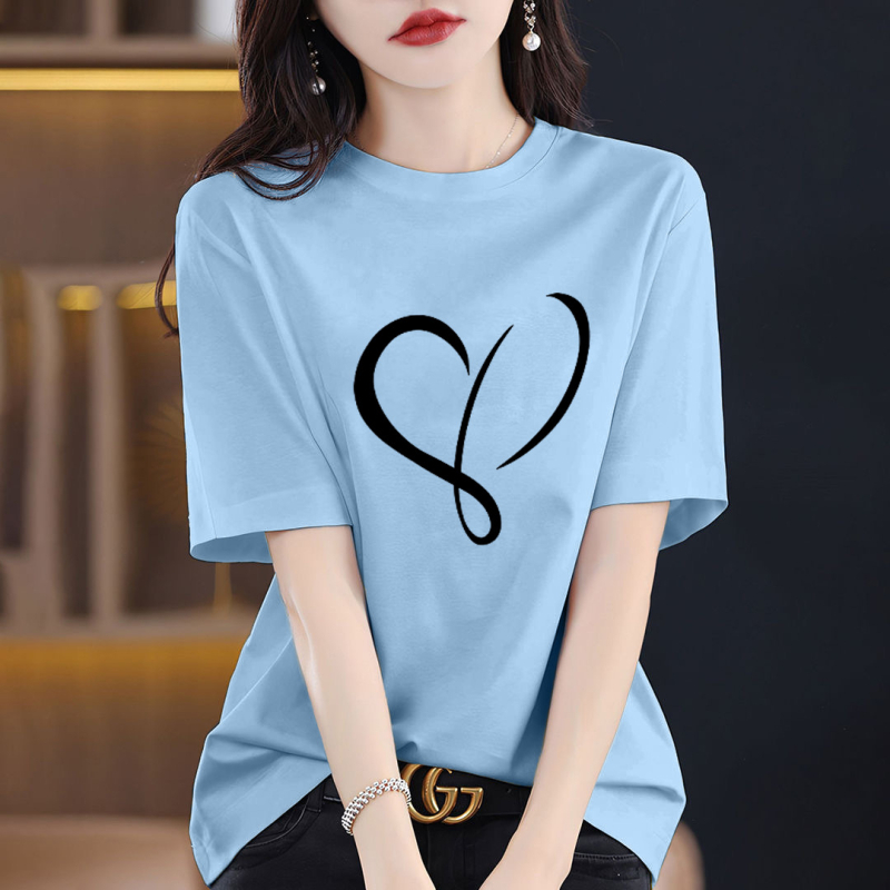 Γυναικείο T‑shirt από βαμβάκι 95%+ με εκτύπωση κειμένου, φαρδιά γραμμή, στρογγυλή λαιμόκοψη, κοντά μανίκια