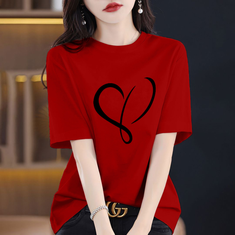 Γυναικείο T‑shirt από βαμβάκι 95%+ με εκτύπωση κειμένου, φαρδιά γραμμή, στρογγυλή λαιμόκοψη, κοντά μανίκια