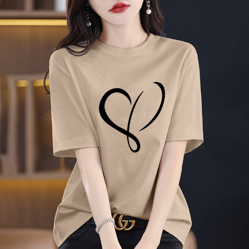 Γυναικείο T‑shirt από βαμβάκι 95%+ με εκτύπωση κειμένου, φαρδιά γραμμή, στρογγυλή λαιμόκοψη, κοντά μανίκια