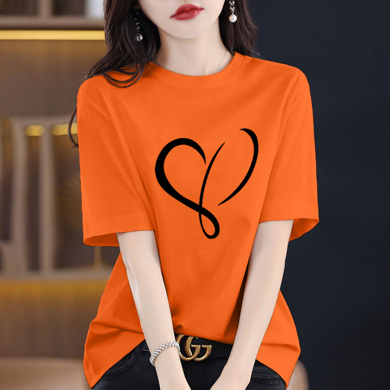 Γυναικείο T‑shirt από βαμβάκι 95%+ με εκτύπωση κειμένου, φαρδιά γραμμή, στρογγυλή λαιμόκοψη, κοντά μανίκια