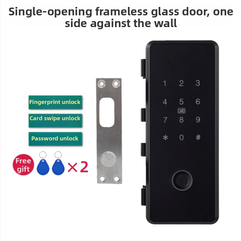 L2 Заключване за стъклена врата с пръстов отпечатък – достъп чрез пръстов отпечатък, карта и парола; дистанционно управление през приложение; без монтажни отвори, безрамков дизайн